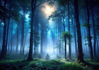 Naklejka premium Spooky Forest with Hidden Creatures in Deep Dark Colors - Mysterious Atmosphere, Enigmatic Shadows, Creepy Wildlife, Eerie Landscapes, Haunting Nature, Nighttime Exploration