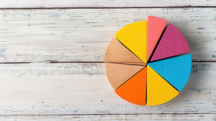Colorful wooden blocks arranged as a demographic pie chart, showcasing vibrant segments for clear statistical representation, engaging and educational visual display