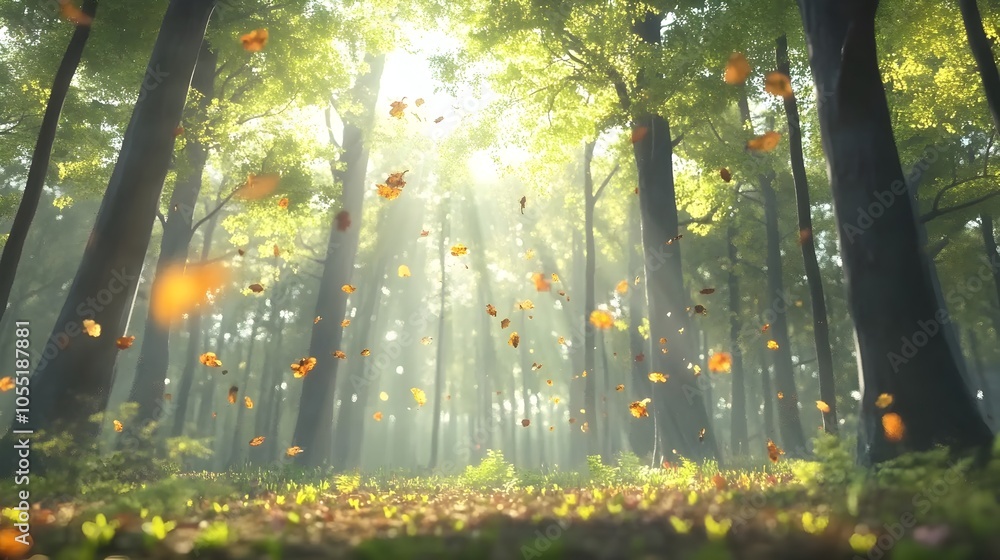 Poster stunning 3d rendered forest scene with tall detailed trees and sunlight filtering through the lush f