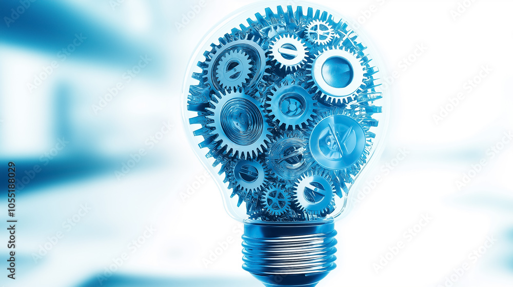 Poster intricate gears fill a light bulb, representing the fusion of creativity and technology, sparking in