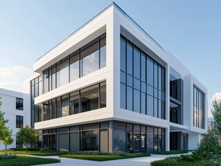 Modern commercial building showcasing sustainable architecture with clean lines and eco-friendly design elements.