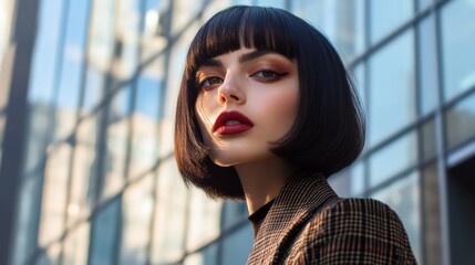 Stylish Young Woman with Bold Makeup Outdoors