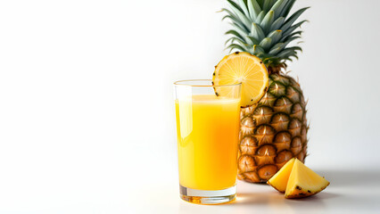 Refreshing Pineapple Juice with Sliced Fruit on White Background