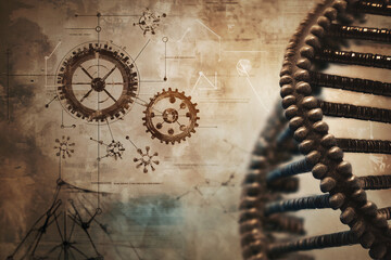Fototapeta premium A close-up of a DNA helix with mechanical gears in the background blending science and technology aesthetics 