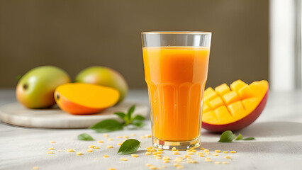 Fototapeta premium A glass of fresh mango juice, surrounded by sliced mangoes, green leaves, and scattered yellow seeds on a white surface, with a blurred background.