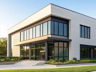 Fototapeta premium Modern commercial building showcasing sustainable architecture with clean lines and eco-friendly design elements.