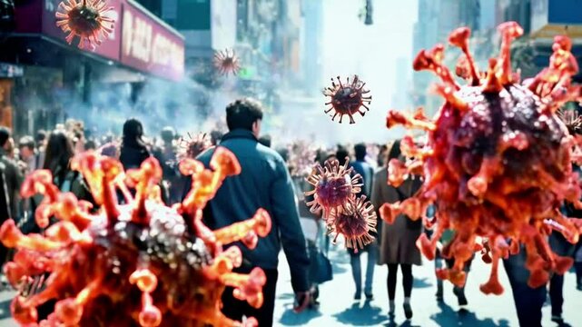 viruses and germs that spread in the air amidst crowds of people milling about