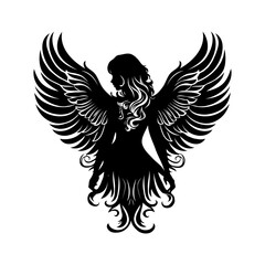 Obraz premium A black and white drawing of a woman with long hair and wings.