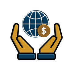 coin icon. earth and coin in hand. vector International Money Global Finance for Banking and Economy. flat design style. design template