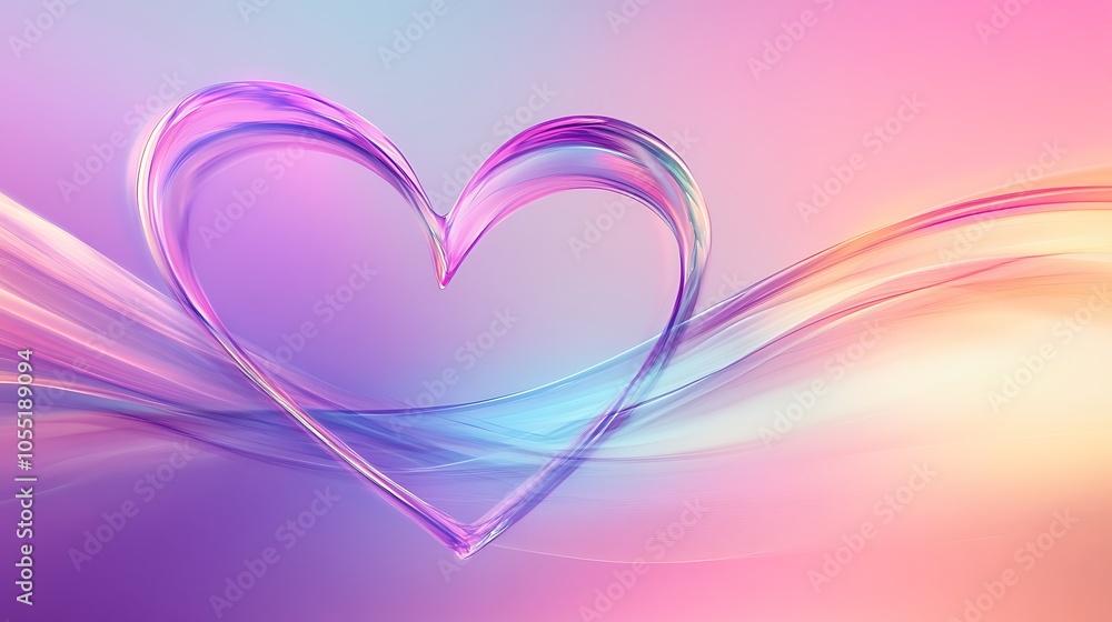 Poster a colorful heart shape surrounded by soft, flowing waves in a gradient background.