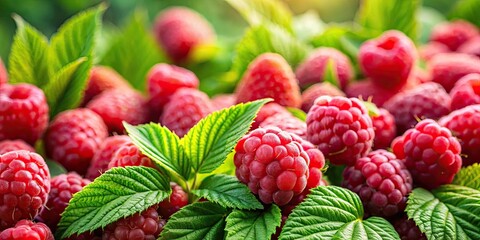 Close-up of fresh, vibrant raspberries with green leaves, Raspberry, fruit, background, fresh,...