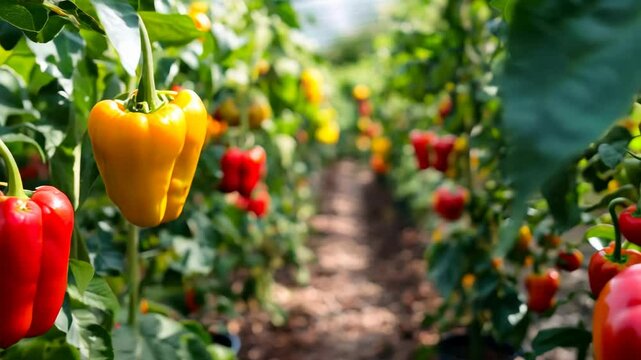 A row of peppers are growing in a greenhouse