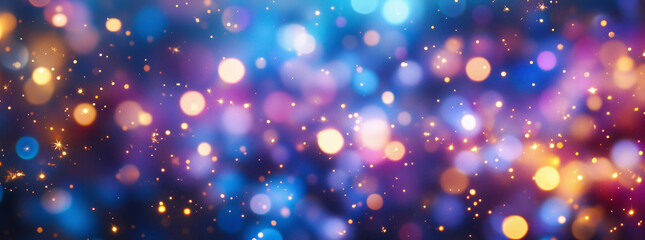 Fototapeta premium Colorful abstract bokeh lights and sparkles on a dark background. Festive blurred glowing lights texture. New Year and Christmas celebration concept. Design for wallpaper, banner, greeting card