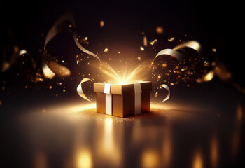 A glowing gift box with ribbons and confetti bursting out of it against a dark background.