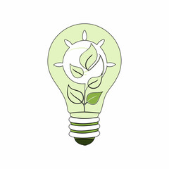 Flat vector illustration of a lightbulb with green leaves, symbolizing eco-friendly energy and sustainability. Ideal for environmental and green technology themes..