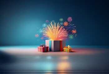 A blue background with a large gift box overflowing with fireworks. Smaller gifts sit in front.