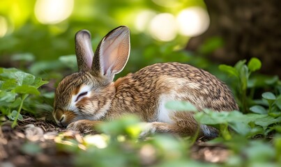 Fototapeta premium rabbit, cat, kitten, puppy, dog, tiger taking a nap,generation AI