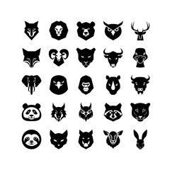Simple Animal Head Silhouette Graphic Set. Including Wolf, Lion, Bear, Owl, Deer, Fox, Ram, Panther, Jaguar, Buffalo, Bull, Duck, Elephant, Hawk, Gorilla, Rhino, Panda, Vector Illustration Mascot.