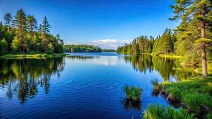 Obraz premium Scenic view of Lake Itasca surrounded by lush green trees and clear blue sky, Itasca State Park, Minnesota, nature