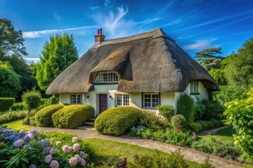 Fototapeta premium Tranquil Thatched Roof Cottage Amidst Lush Greenery - A Minimalist Photography Perspective on Rustic Charm and Nature's Serenity
