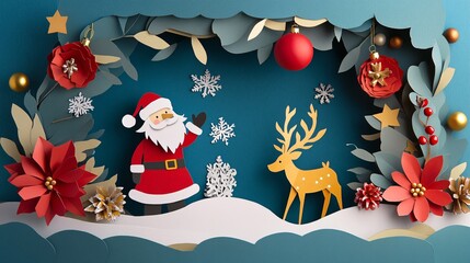 Charming Santa with Reindeer in Festive Paper Art Scene