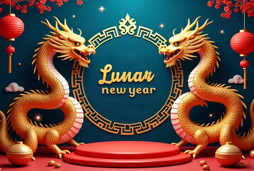 Obraz premium Luxury greeting card with golden hand drawn Asian dragon as a symbol of 2025 New Year. Dragon as Chinese traditional horoscope sign on red gradient