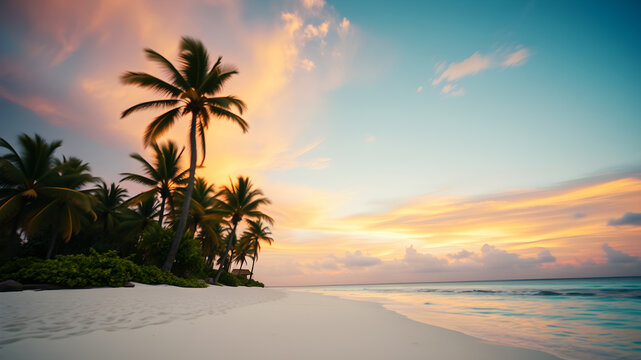 Soft white sand leading to crystal-clear turquoise waters, palm trees swaying in the breeze, and a bright, the sky with hues of orange, pink, and purple with gentle clouds, evoking relaxation and blis