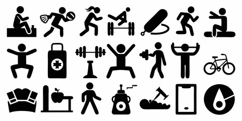 set fitness activities icon set black silhouette