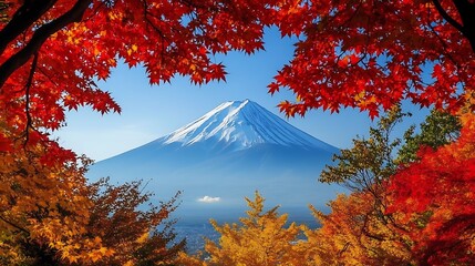 surrounded by autumnal colors, with red and yellow leaves in the foreground and a clear view of the mountain on a crisp day 