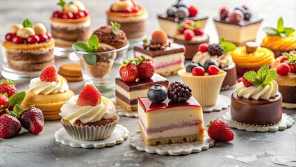 An assortment of delicious desserts displayed on a light background, sweets, pastries, cakes, confections, bakery items