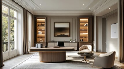 A spacious home office with clean lines, elegant furniture, and subtle luxury elements that foster both calm and productivity