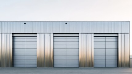 Modern Industrial Building: A sleek and contemporary industrial building with three large garage doors, showcasing a minimalist and functional design aesthetic.