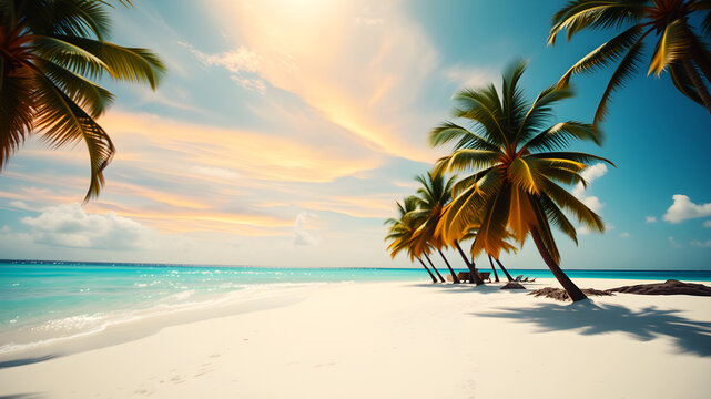 Soft white sand leading to crystal-clear turquoise waters, palm trees swaying in the breeze, and a bright, the sky with hues of orange, pink, and purple with gentle clouds, evoking relaxation and blis
