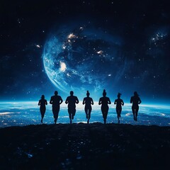 Obraz premium a group of runners silhouetted looking at earth