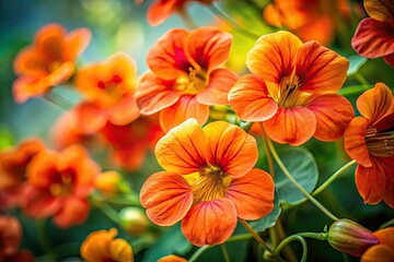Vibrant Macro Drone Photography of Bright Orange Tropaeolum Flowers Against a Soft Blurred Background