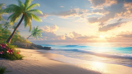 Fototapeta premium Vibrant Beach Scene with Bright Tropical Elements