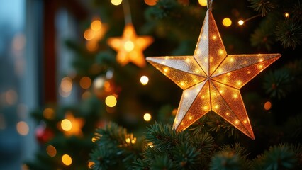 A beautiful Christmas tree glows warmly with golden lights against a dark background. A luminous star tops the evergreen, enhancing the festive spirit.