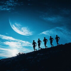 a group of runners silhouetted looking at earth