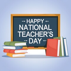 Happy National Teacher's Day Celebrated with a Chalkboard and Books
