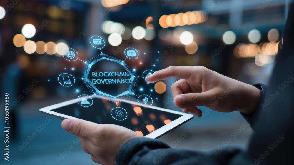 Poster exploring the future of blockchain governance through innovative technology interfaces