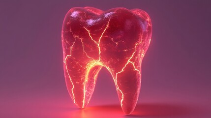 3D render of a tooth with cracks running through it glowing red around to highlight pain