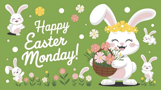 Happy Easter Monday Greeting with Cartoon Bunnies and Flowers