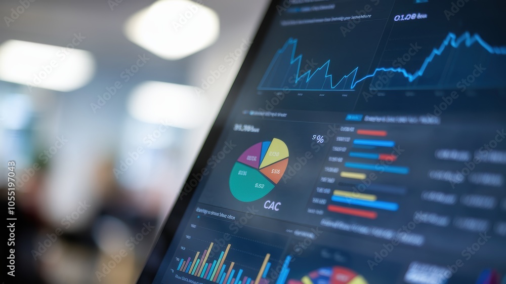 Poster visualizing business metrics analyzing data trends in charts and graphs for insights