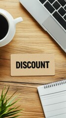 Discount card mockup on a wooden desk with a laptop and notepad, boosting productivity