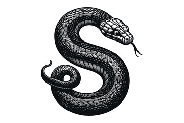 Snake in the shape of the letter S. Vintage vector engraving illustration, emblem, sign. Black print, tattoo sketch