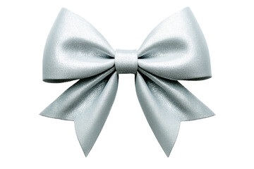 A beautifully crafted silver satin bow with tails, isolated on transparent white background, perfect for gift wrapping.