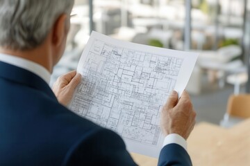 Naklejka premium Businessman reading printed strategy blueprint analysis, cityscape view, photorealistic clarity
