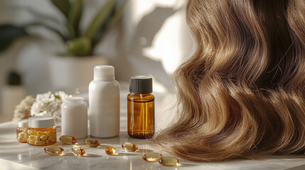 Fototapeta premium Natural hair care products and supplements arranged on a marble surface in a bright room
