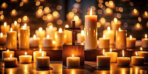 Spiritual atmosphere at Christian candlelight vigil with candles on altar night scene, Christian, candlelight, vigil, spiritual