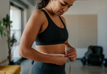 Fit young woman measuring her waistline with a measuring tape, checking progress of her fitness and weight loss goals